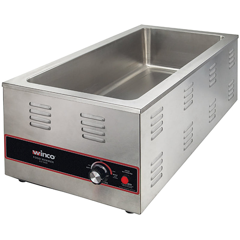 Winco FW-L600 4/3 electric food warmer, 1500W stainless steel countertop well with black dial control