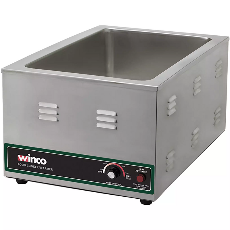 Winco FW-S600 electric food cooker/warmer, 1500W stainless steel countertop well with front dial control, angled