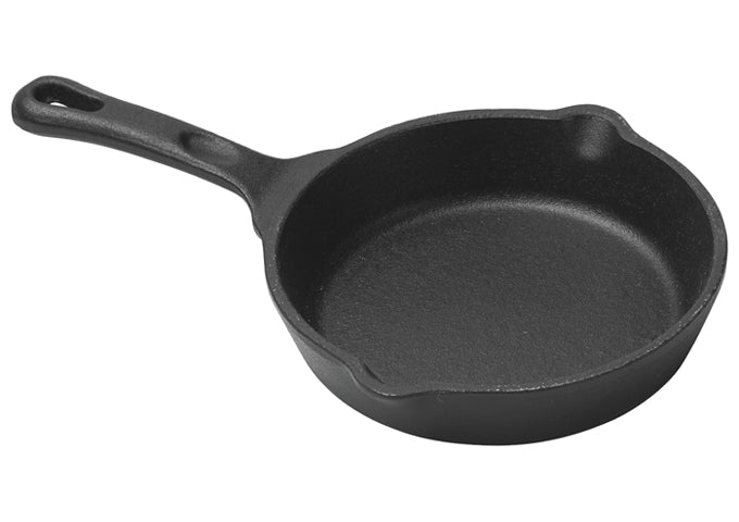 Winco FireIron cast iron skillet, black pre-seasoned frying pan with pour spouts and long handle, side view