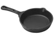 Winco FireIron cast iron skillet, black pre-seasoned frying pan with pour spouts and long handle, side view