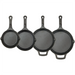 Winco FireIron cast iron skillets shown in four sizes, black pre-seasoned pans with long handles