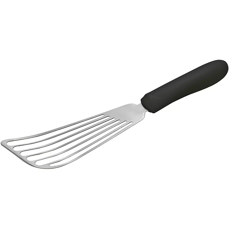 Winco stainless steel fish spatula with slotted flexible blade and black handle, angled view of the full spatula