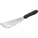 Winco stainless steel fish spatula with slotted flexible blade and black handle, angled view of the full spatula