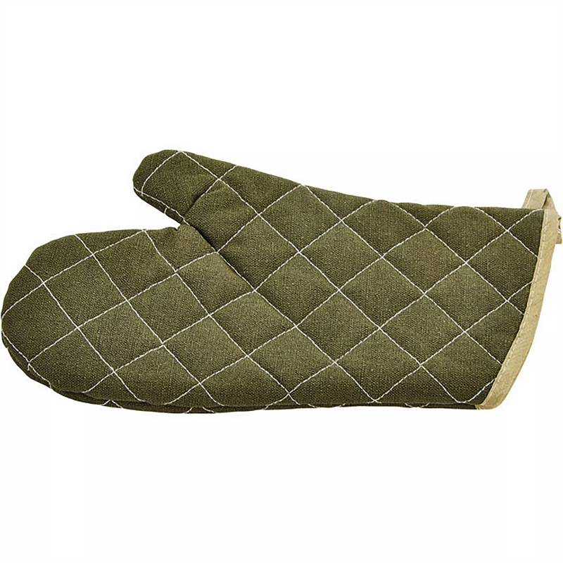 Winco flame retardant oven mitt, olive green quilted mitt with tan trim, side view of a shorter size option