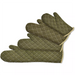 Winco flame retardant oven mitts, olive green quilted mitts in several sizes shown fanned out together