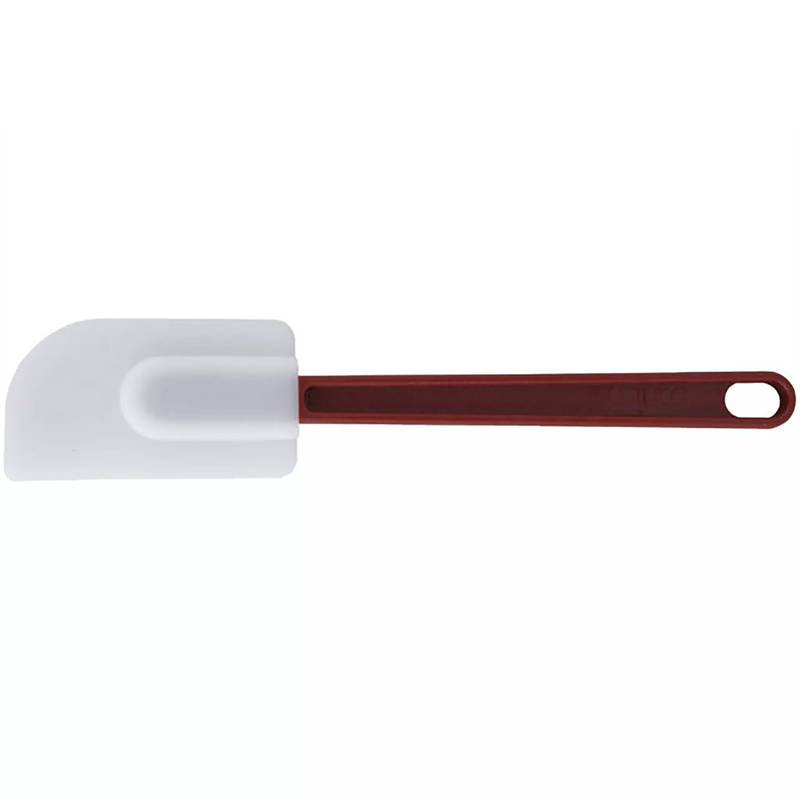 Winco flat blade heat resistant silicone spatula scraper, large white blade on a red handle with hanging hole