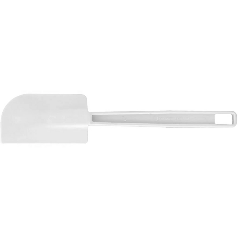 Winco flat blade plastic spatula scraper with white blade and white handle with hanging hole, largest size