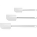 Winco flat blade plastic spatula scrapers in three sizes with white blades and white handles, side view