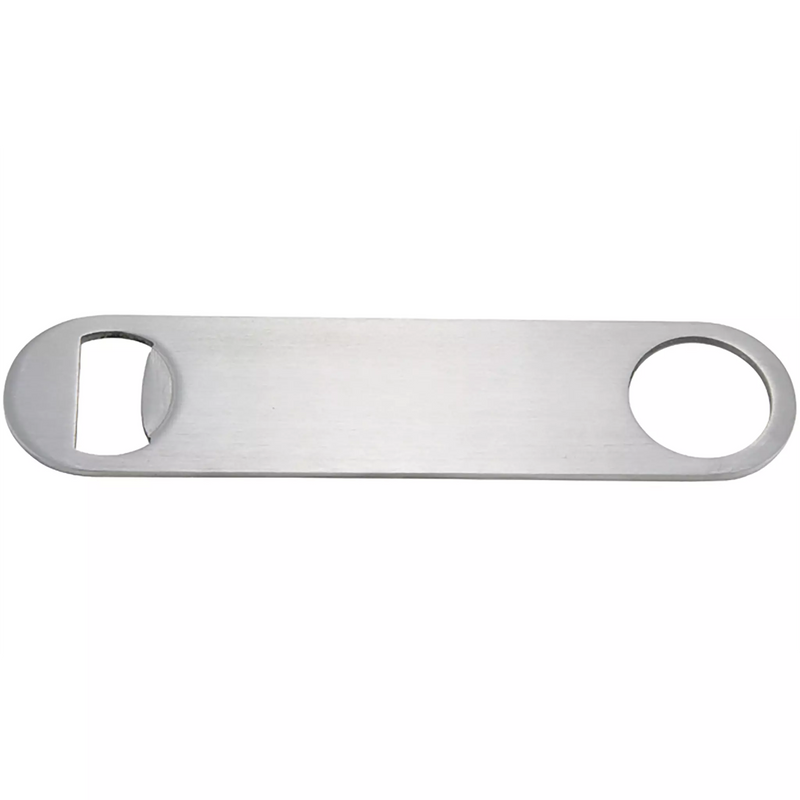 Winco flat bottle opener, brushed stainless steel bar blade with a cap lifter on one end and a round opening on the other