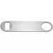 Winco flat bottle opener, brushed stainless steel bar blade with a cap lifter on one end and a round opening on the other