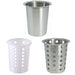 Winco flatware cylinders in three styles: solid stainless steel, white perforated plastic and perforated steel
