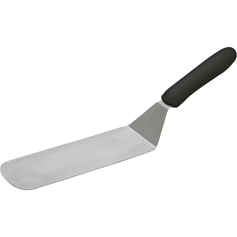 Winco flexible stainless steel turner with offset solid blade and black handle, angled view of the full turner