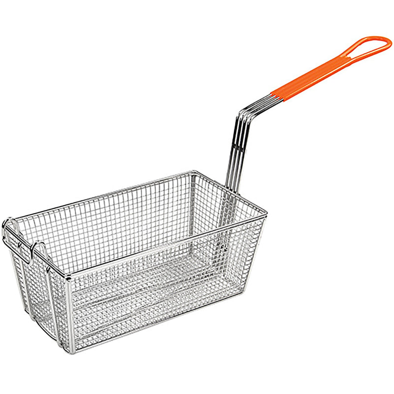 Winco French fry basket with orange coated handle, rectangular chrome plated wire mesh basket, size option
