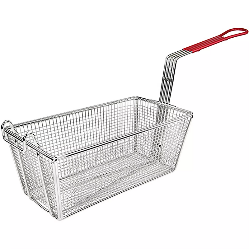 Winco French fry basket with red coated handle, long rectangular chrome plated wire mesh basket with front hook