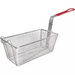 Winco French fry basket with red coated handle, long rectangular chrome plated wire mesh basket with front hook