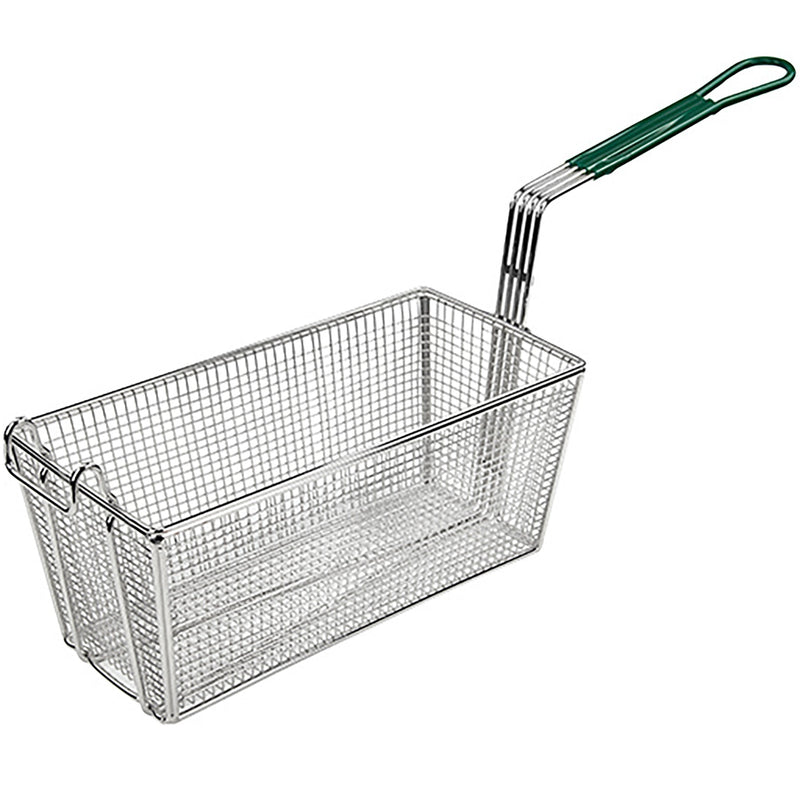 Winco French fry basket with green coated handle, rectangular chrome plated wire mesh basket with front hook