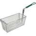 Winco French fry basket with green coated handle, rectangular chrome plated wire mesh basket with front hook