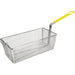 Winco French fry basket with yellow coated handle, shallow rectangular chrome plated wire mesh basket