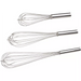 Winco stainless steel French whisks shown in three lengths, long narrow wire loops with sealed round handles