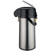 Winco glass lined air pot with lever pump top raised open, brushed stainless steel body, side view