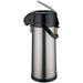 Winco glass lined air pot with lever pump top, stainless steel body and black base, alternate size option