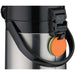 Winco glass lined air pot, close-up of the black carry handle with orange beverage identification tag