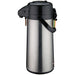 Winco glass lined air pot, stainless steel body with black pump top, carry handle and beverage tags
