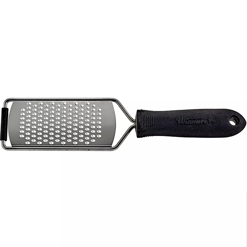 Winco grater with soft grip handle, medium size stainless steel grating surface with black non-slip handle