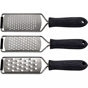 Winco graters with soft grip handles in three sizes, fine, medium and coarse stainless steel grating surfaces