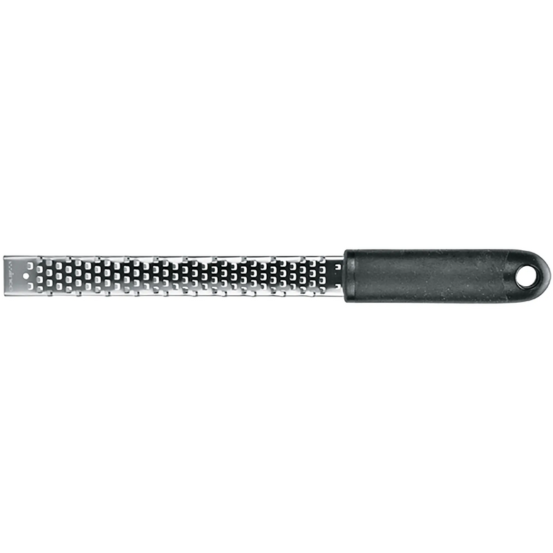 Winco grater with soft grip handle, medium style stainless steel blade with raised teeth and black non-slip handle
