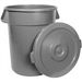 Winco gray round trash bin cover shown leaning against a matching gray round trash can with side handles