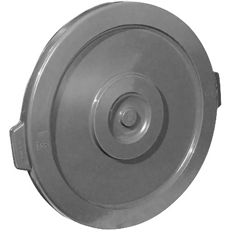 Winco gray round trash bin cover with raised centre grip and side notches, angled view of the lid top