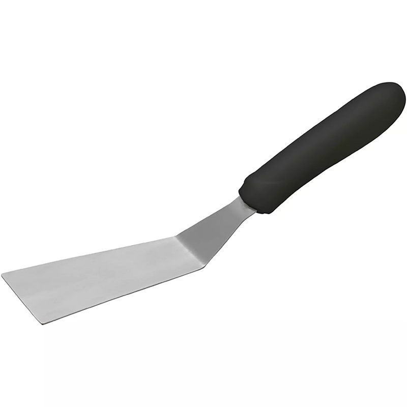 Winco stainless steel grill spatula with offset, long angled blade and black handle, view of the full spatula