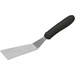 Winco stainless steel grill spatula with offset, long angled blade and black handle, view of the full spatula