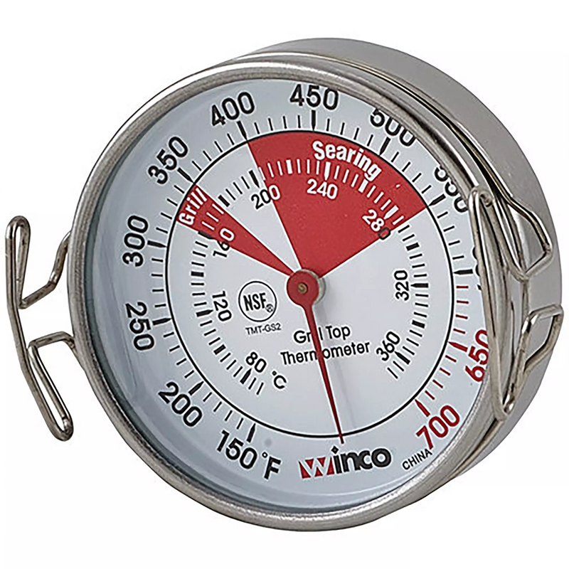 Winco grill surface thermometer with stainless steel frame, large dial and red Fahrenheit and Celsius scale bands