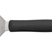 Winco hamburger turner with offset, close-up of the black handle and white collar at the stainless steel shank