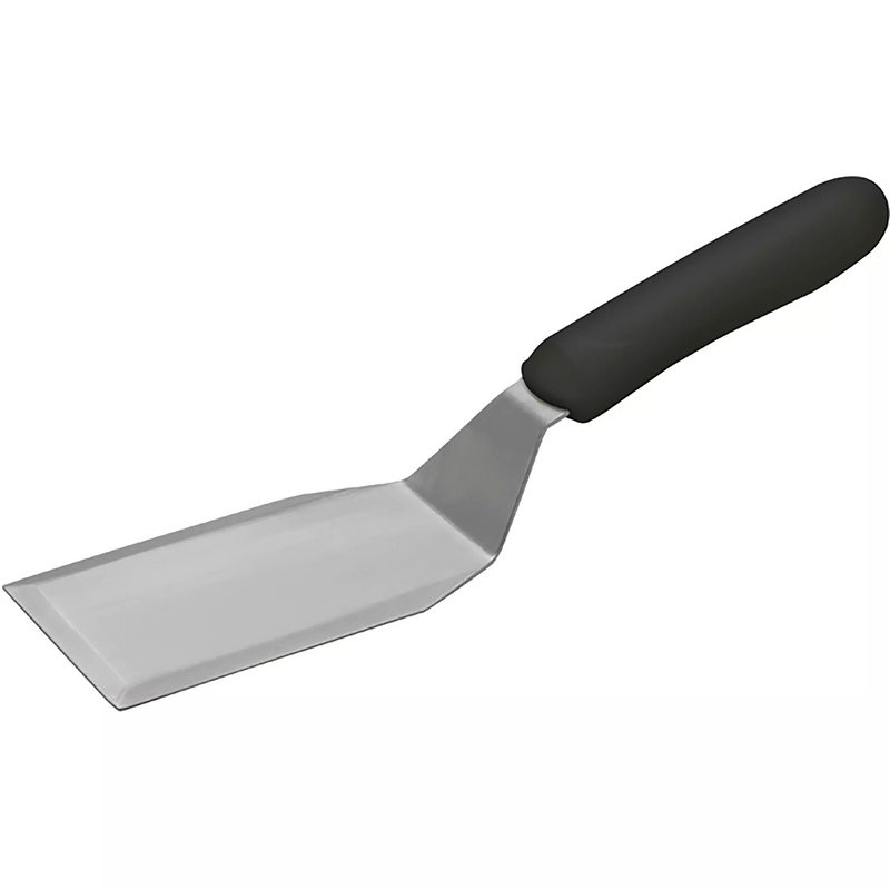 Winco stainless steel hamburger turner with offset, square blade and black handle, angled view of the full turner