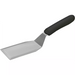 Winco stainless steel hamburger turner with offset, square blade and black handle, angled view of the full turner