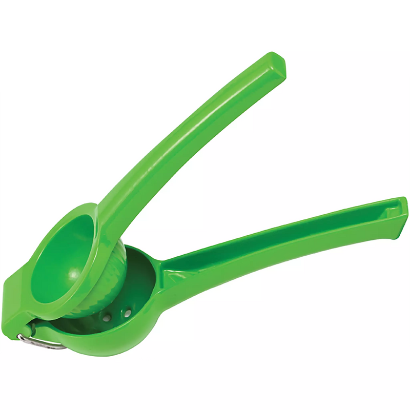 Winco handheld citrus squeezer in green enamel-coated aluminum, smallest size, angled side view