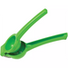 Winco handheld citrus squeezer in green enamel-coated aluminum, smallest size, angled side view