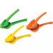 Winco handheld citrus squeezers in three sizes shown together in green, yellow and orange