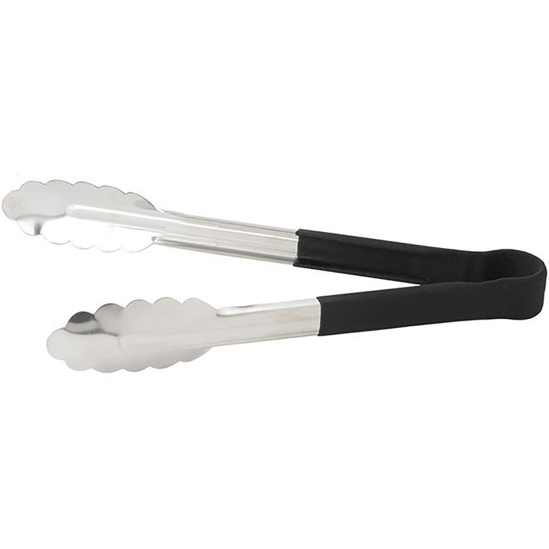 Winco heat resistant heavy duty stainless steel utility tongs with black handle grips, shorter size, side view