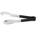 Winco heat resistant heavy duty stainless steel utility tongs with black handle grips, shorter size, side view