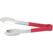Winco heat resistant heavy duty stainless steel utility tongs with red handle grips, shorter size, side view