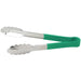 Winco heat resistant heavy duty stainless steel utility tongs with green handle grips, shorter size, side view