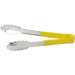 Winco heat resistant heavy duty stainless steel utility tongs with yellow handle grips, shorter size, side view