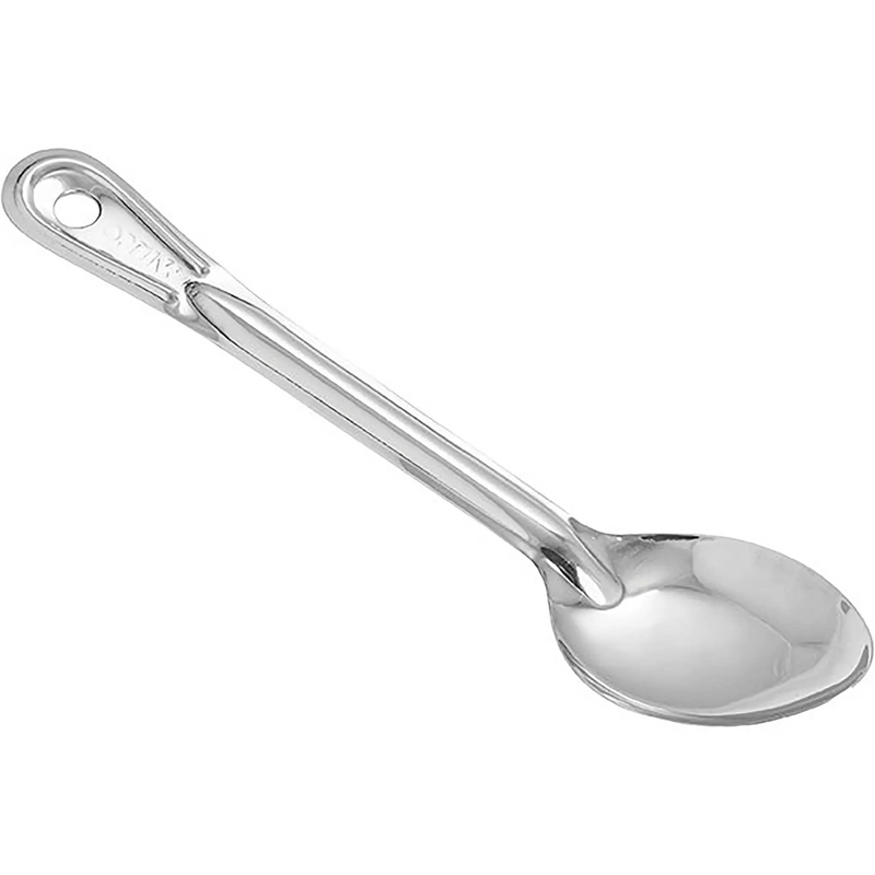 Winco heavy-duty stainless steel basting spoon with solid bowl and hanging hole handle, shortest size shown