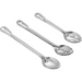 Winco heavy-duty stainless steel basting spoons in three styles: solid, perforated and slotted bowls