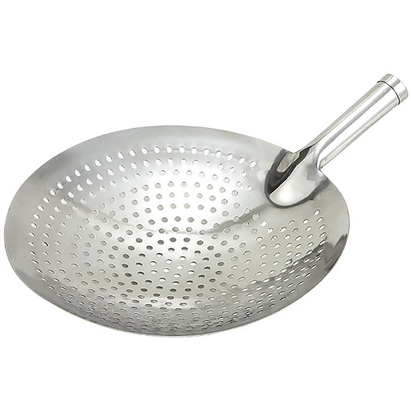 Winco heavy duty stainless steel skimmer and strainer, round perforated bowl with angled tubular handle