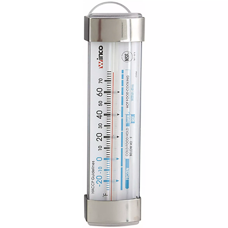 Winco heavy duty suction cup refrigerator/freezer thermometer in a clear protective tube with metal hanging loop